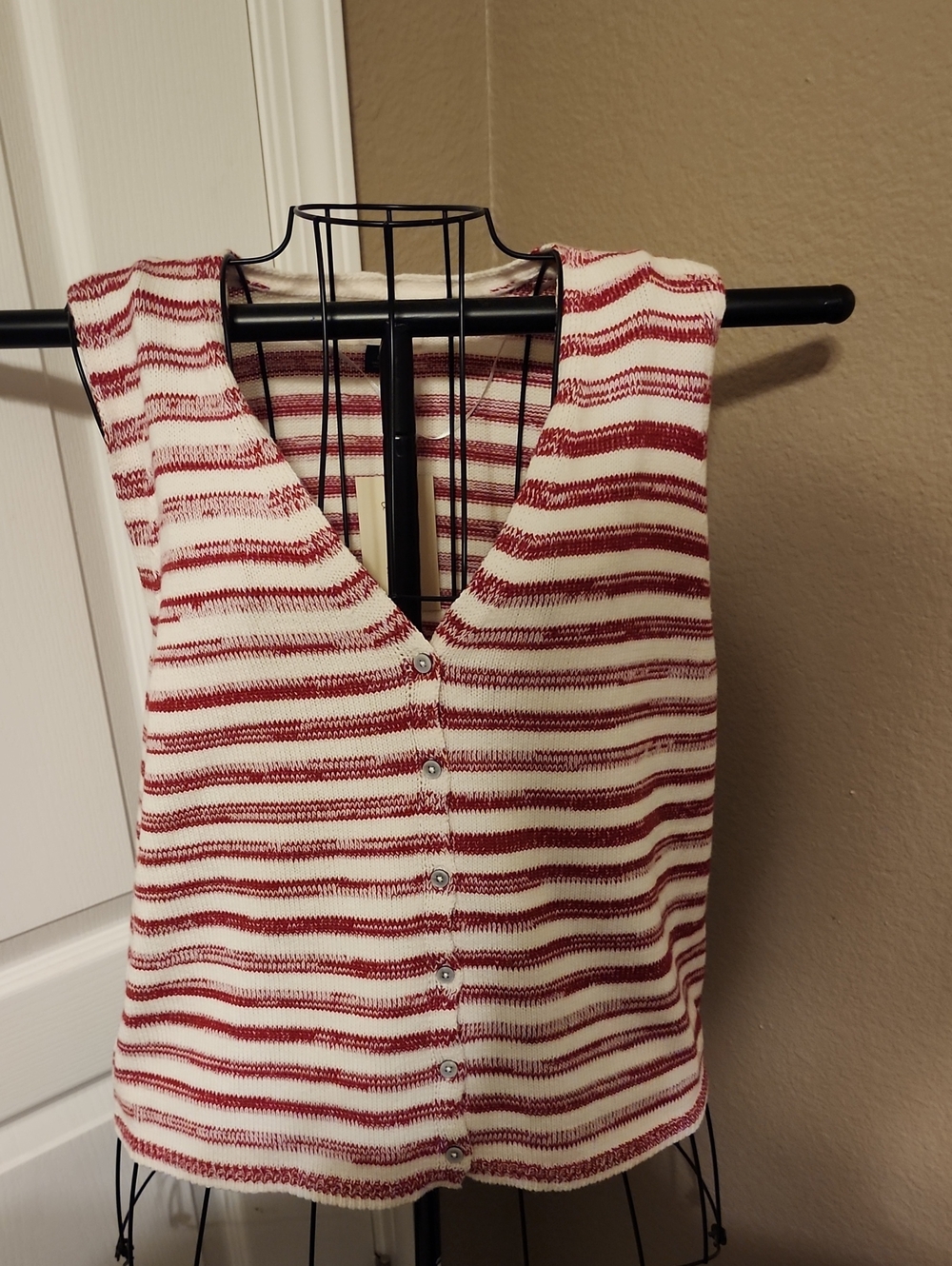 Women's Red and White Striped Button-Front Knit Vest